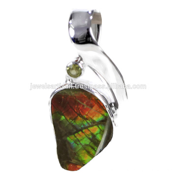 Belle bijoux Pendentif en argent sterling 925 en pierres précieuses Ammolite et Peridot